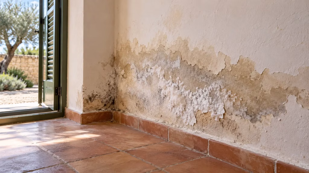 Abblätternder Putz, weiße Ausblühungen und dunkle Flecken am Wandfuß einer Finca mit Terrakottaboden.